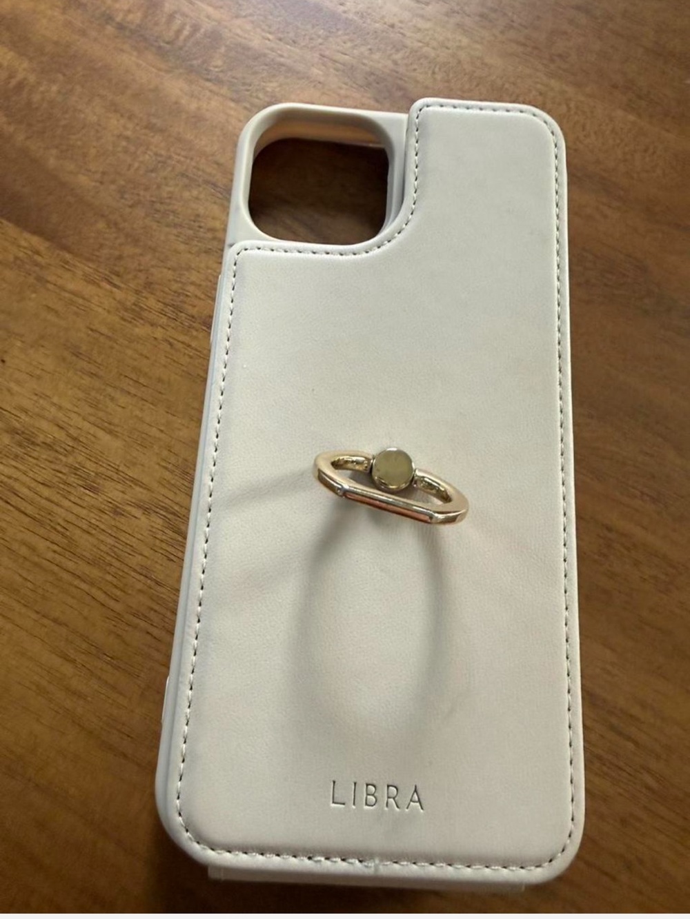 iPhone 14 Plus Beige Phone Case with Wallet and Gold Kickstand Ring
